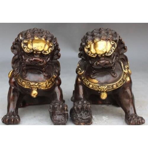 A Pair Medicine old 7" Folk Chinese Bronze Gilt Guardian Foo Fu Dog Door Lion Kid Ball Statue 2pcs Garden Decoration Bronze