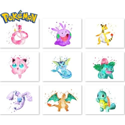 Pokemon Anime Game Watercolor Poster and Prints Nursery Wall Art Decor Charmender Bulbasaur Canvas Painting Picture Cudros