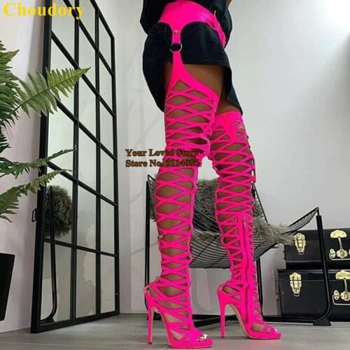 Choudory Luxury Over Knee Belt Long Boots Stiletto Heels Cross Strappy Caged Thigh High Boots Long Summer Sandal Shoes Size47