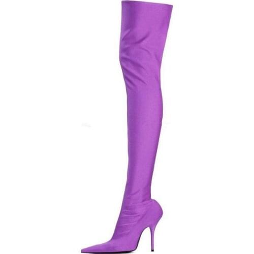 Purple Satin Sock Thigh High Boots Women Pointed Toe Flower Print Leather Over Knee Boots Womens Slip-on Stretch Thigh Boots