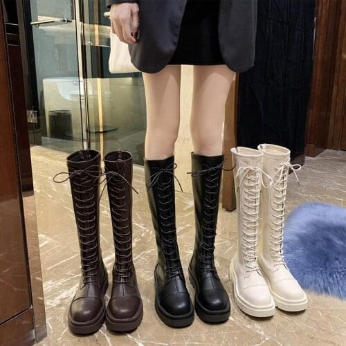 New Fashion Women Cross Strap Lace up PU Leather Boots Autumn Knee High Boots Ladies Platform Botas Mujer High Quality