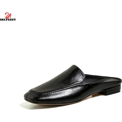 SKLFGXZY 2020 Fashion Blogger England Style Vintage Genuine Leather Flat Shoes Mules Slippers Women Shoes Woman Shoes Women