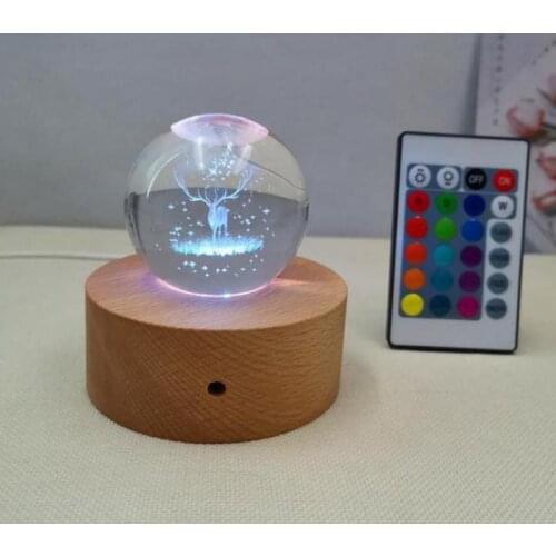 Usb Beech 3cm base 3d Crystal Ball Crafts Night Light Customized Led Nightlight Remote Control Colorful Solid Wood 3d Led Lamp