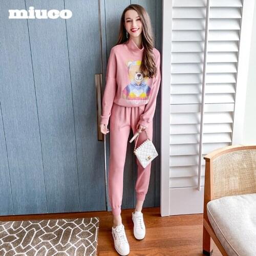 Hot drill cartoon loose sweater+Womens high waisted and legged casual pants suit 2021 springk High Quality Top Quality