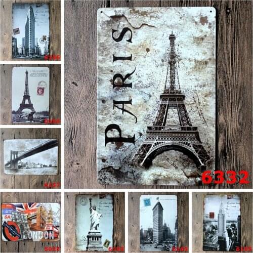 Vintage Tin Signs of Famous Buildings Eiffel Tower Statue of Liberty Paris London City for Kids Gift Shabby Chic Home Bar Decor