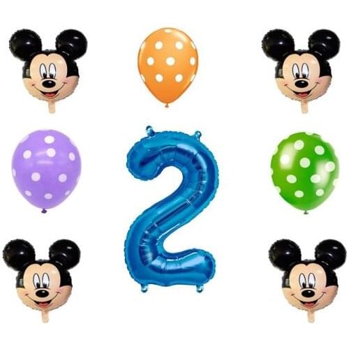 Balloons second birthday Mickey balloon giant number 2 Blue 100 cm 4 balloons mickey 35x30 and 3 balloons polka dot