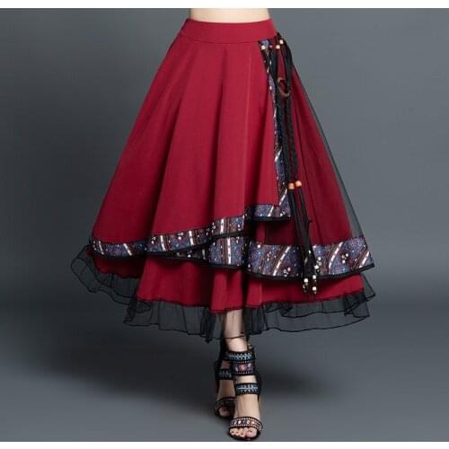Ethnic Style Skirt 2020 New Cotton Linen Embroidery Women Skirt Pleated High Waist Patchwork Vintage Midi Skirts For Women 11607
