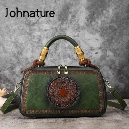 Johnature Retro Classic Totem Embossing Women Bag 2021 New High Quality Leather Luxury Handbag Leisure Handmade Shoulder Bags