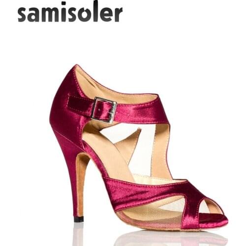 Samisoler Red/B New Cloth Collocation Shine Ribbons Ballroom Fashion Dance Women Latin Dance Competition Shoes