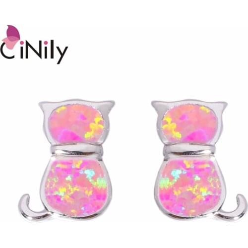 CiNily Created Pink Fire Opal Silver Plated Wholesale Lovely Cute Cat for Women Jewelry Stud Earrings 11mm OH2999