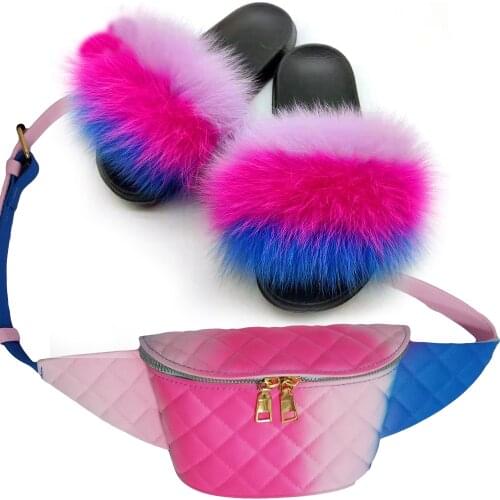 Women Fox Fur Slippers Summer New Fur Slides High-end Fluffy Fox Fur Slippers Fashion Fanny Pack Coin Purse Jelly Bag Drop Ship