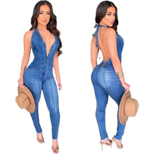 Sexy Halter Deep V Neck Backless Tight Jeans Jumpsuit Summer Women Vintage Single-breasted Sleeveless Denim Jumpsuit Streetwear