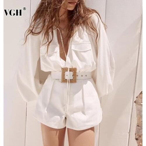 VGH Casual White Playsuit For Women O Neck Lantern Long Sleeve High Waist Sashes Slim Loose Lace Up Playsuits Female 2021 Summer