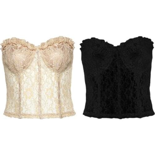 Women Sexy Strapless Sheer Mesh Crop Top Ruffles Floral Lace See-Through Corset Bustier Club Party Bralette Underwear