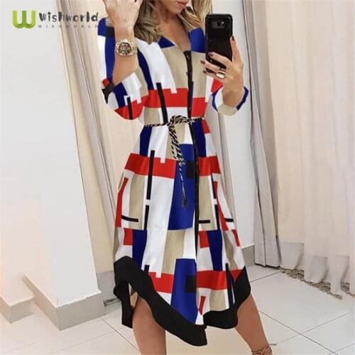 2021 Autumn New Stripe Plaid Lapel Lace Up Irregular Dress Fashion Womens Popular Party Club Large Swing Dress Summer Sundress
