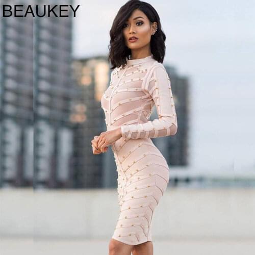High Quality Nude Studded Long Sleeve Mesh Nail Beaded Celebrity Sexy Women 2016 Newest Sexy Bodycon Bandage Dress