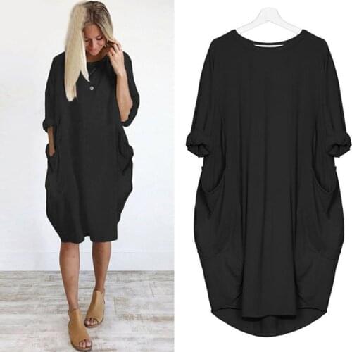 Womens Pocket Loose Dress Ladies O Neck Casual Dress Spring Dresses Female Casual Beach Dress
