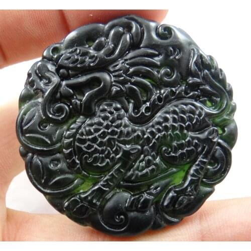 48*48Wholesale natural Chinese black green stone hand-carved statue of Dragon amulet pendant necklace Jewelry Making