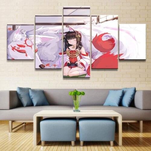 5 Piece Wall Art Canvas Anime Manga Figure Girl & Nine Tailed Fox Posters And Prints Home Decor Living Room Decoration Paintings