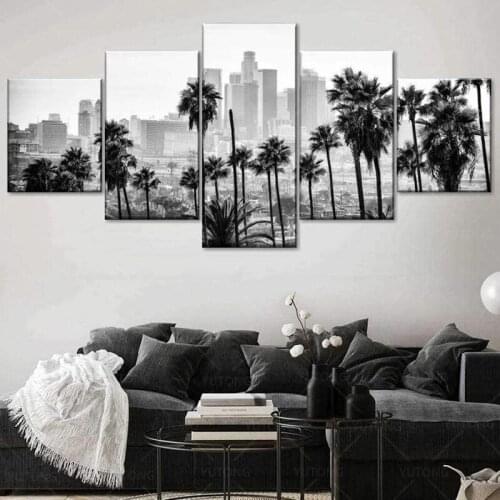 5 Piece Canvas Wall Art for Living Room Decoration Print Black California Los Angeles Skyline Landscape Poster Modern Home Decor