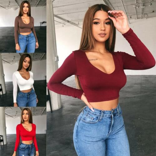 6 Colors Newest Arrival Women Summer Solid V Neck Long Sleeve T-Shirts Short Tops Crop Tops Ladies Casual Tops Tees T Shirts
