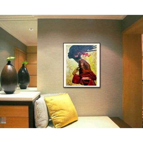 Abstract canvas painting mural prints posters modern decorative picture black girl with flying hair abstract portrait poster