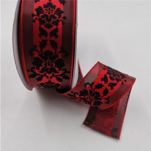 38MM X 25yards Flocking Black Flower Wine Satin Ribbon DIY Handmade Materials For Wedding Gift Wrap Fabric Making N1217