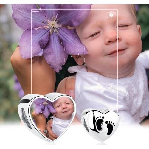 ELESHE 100% 925 Sterling Silver Custom Photo Baby Footprint Heart Bead Fit Original Bracelet DIY Jewelry Fashion Gift For Child