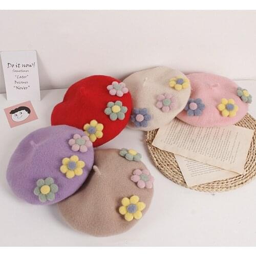 Children Girls Wool Beret Hat Warm Winter Hats for Girl Kids 2020 Fashion Elegant Flower Hat Princess Painter Cap Hats and Caps