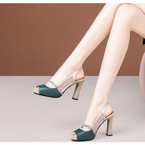 Nice Peep toe Leather High Heeled Sandals Woman,Rhinestone Lace Shoes Women Summer Heels,Europea Style,Female Footware,GREEN