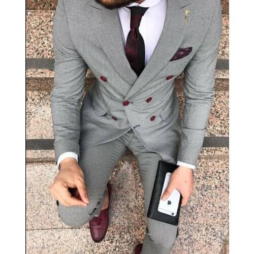 Men Gray Double Breasted Suits Groom Wedding Stylish Casual slim fit Suit (Jacket+Pant)Groom Tuxedos best men suit party gown