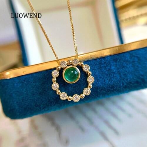 LUOWEND 18K Yellow Gold Pendant Necklace Real Natural Diamond Women Engagement Necklace Round Emerald Gemstone Jewelry