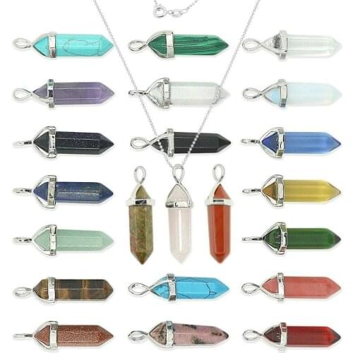 Real Raw Pink Purple Gem Crystal Necklace Hexagonal Bullet Reiki Chakra Natural Stone Necklace Pendant Women Jewelry