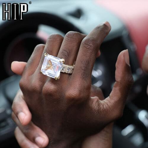 Hip Hop Popular CZ Stones Square Stone Baguette Rings Tready Bling Iced Out Copper Zircon Ring For Men Women Jewelry
