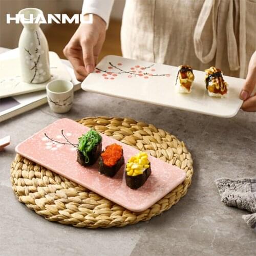 Japanese Western Ceramics Dishes Plum Blossom Underglaze Rectangular Sushi Steak Barbecue BBQ Plate Cheese Pizza Dessert Tray