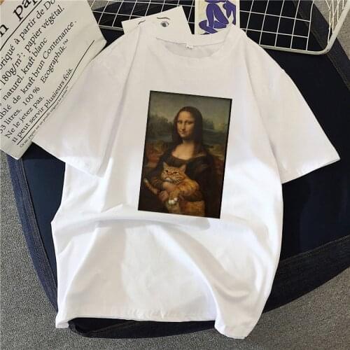 Regular O-neck short-sleeved ladies white graphic girl T-shirt Womens T-shirt Kawaii cat oil painting print T-shirt