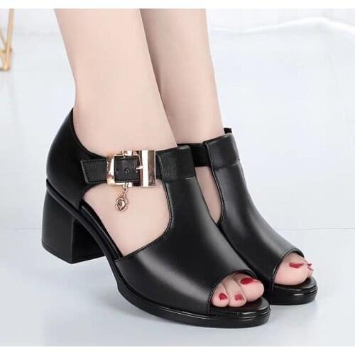 Women Sandals Summer 2021 hing Heel Fashion Sexy Fish Mouth Hollow Roman Sandals Thick With Beaded High Heels Female Sandals