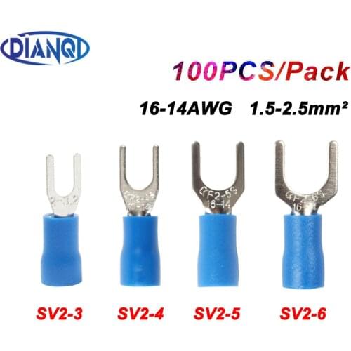 SV2-4 Blue Furcate Cable Wire Connector 100PCS/Pack Furcate Pre-Insulating Fork Spade 16~14AWG Wire Crimp Terminals SV2.5-4 SV