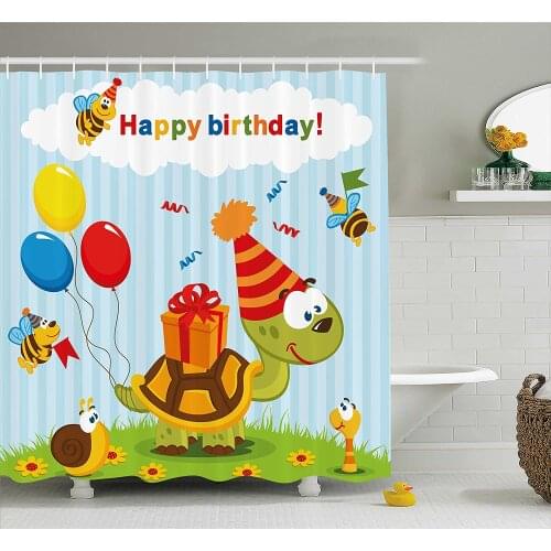 Birthday Decorations for Kids Shower Curtain Cartoon Turtle with Birthday Cone Hat Baloons Bees Presents Bathroom Curtains