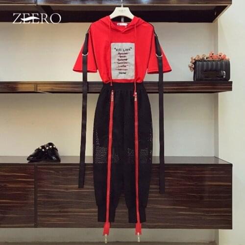 2020 Summer Casual Pants 2 Piece Set High Street Womens Ribbon Hooded T-shirt + Hollow Out Double Zipper Lantern Pants Sets