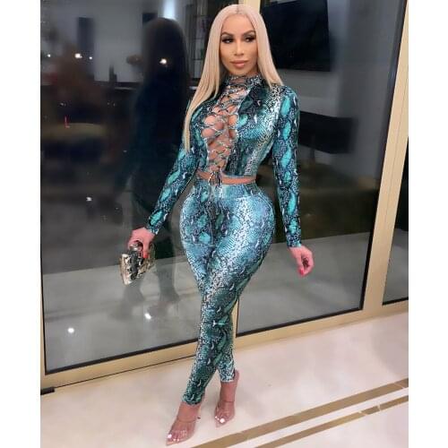 Adogirl Woman Two Piece Set Snake Print Criss-Cross Lace Up Long Sleeve Crop Top And Pencil Pants Tracksuit Night Club Outfits