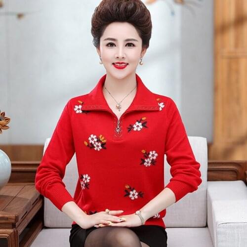 Women Zipper Sweater New Autumn Floral Sweater Middle Aged Mother Turn-Down Collar Sweater Long Sleeve