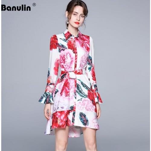 Banulin Women Runway Floral Summer Shirt Dresses 2021 Female Flower Print Flare Sleeve Elegant Belt Bow Holiday Boho Short Dress