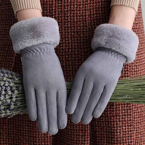 Winter Female Cashmere Warm Suede Leather Cycling Mittens Double Thick Velvet Plush Wrist Women Touch Screen Driving Gloves I17