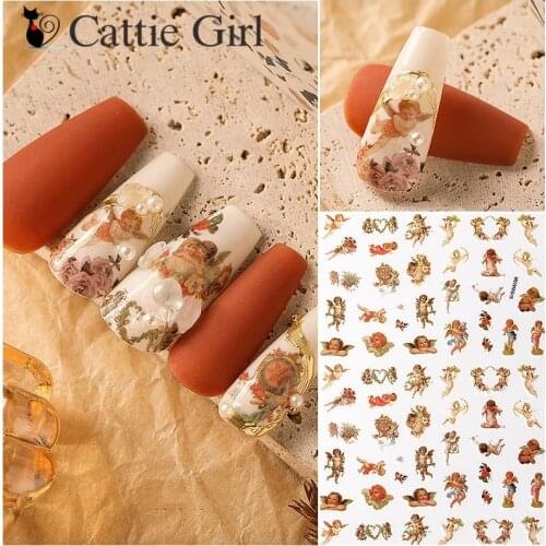 1sheet Angel Nail Art 3D Stickers Vintage Flower 3D Nail Art Stickers Black Nail Stickers Decals Adhesive Sticker Tattoo Slides