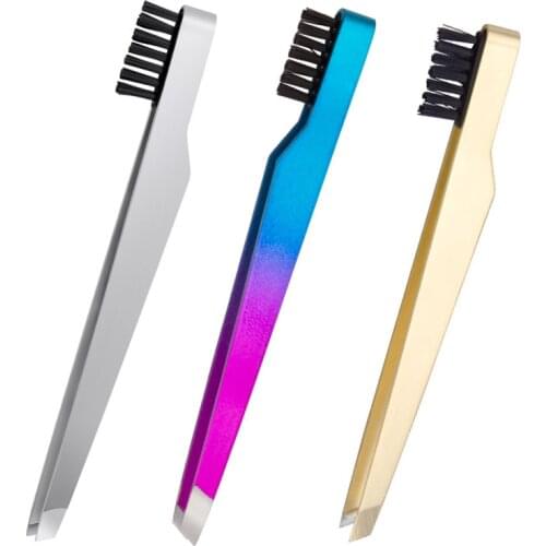 1pcs Eyebrow Tweezer with Eyebrow Brush Comb Stainless Steel Eyelashes Extension Tweezers Double Eyelids Pinzette Clip