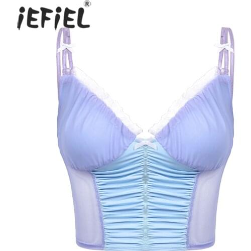 Women Girl Fashion Mesh Trim Patchwork Tank Top Sleeveless V Neck Ruffle Camisole Backless Slim Fit Vest Casual Party Clubwear