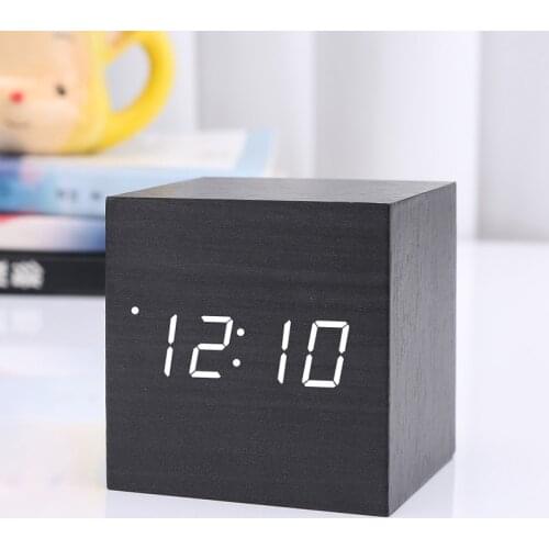 Electronic Digital Wood LED Alarm Clock Sounds Control Temperature Date Time Voice Control 5 Colors Bedroom Desk Decor