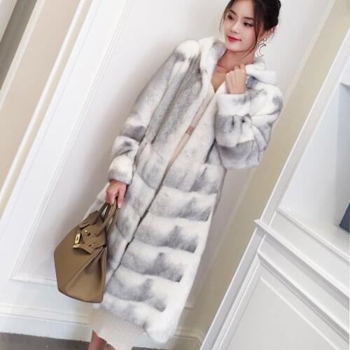 Imported mink coat long silver cross mink coat in mink fur hooded velvet