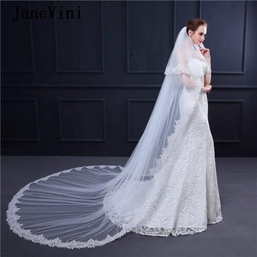JaneVini Vintage White Two Layers Wedding Long Veil Lace Appliques Edge Ivory Cathedral Bridal Veil with Comb Mantilha 3 Metros